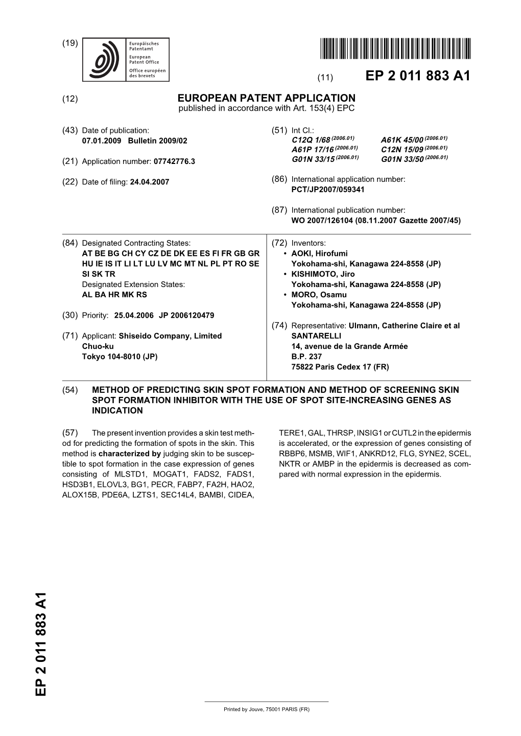 Page 1 Printed by Jouve, 75001 PARIS (FR) (19) EP 2 0 11 8 8 3 A