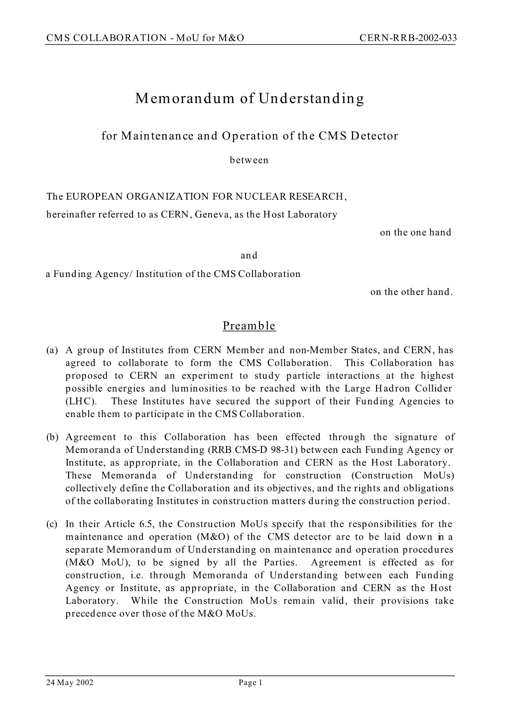 Mou for M&O CERN-RRB-2002-033