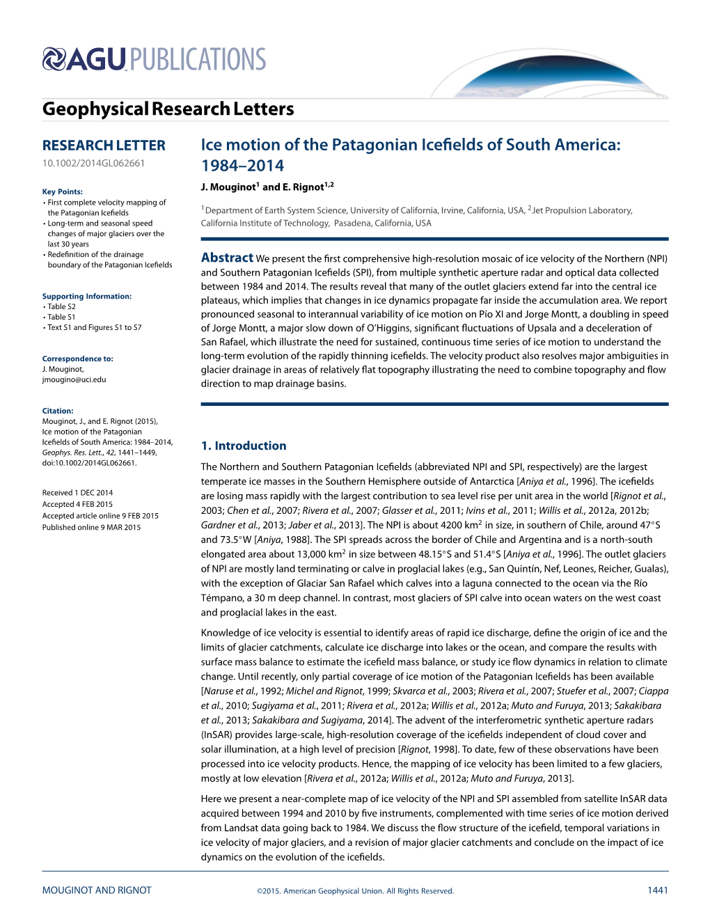 Ice Motion of the Patagonian Icefields of South America: 1984–2014