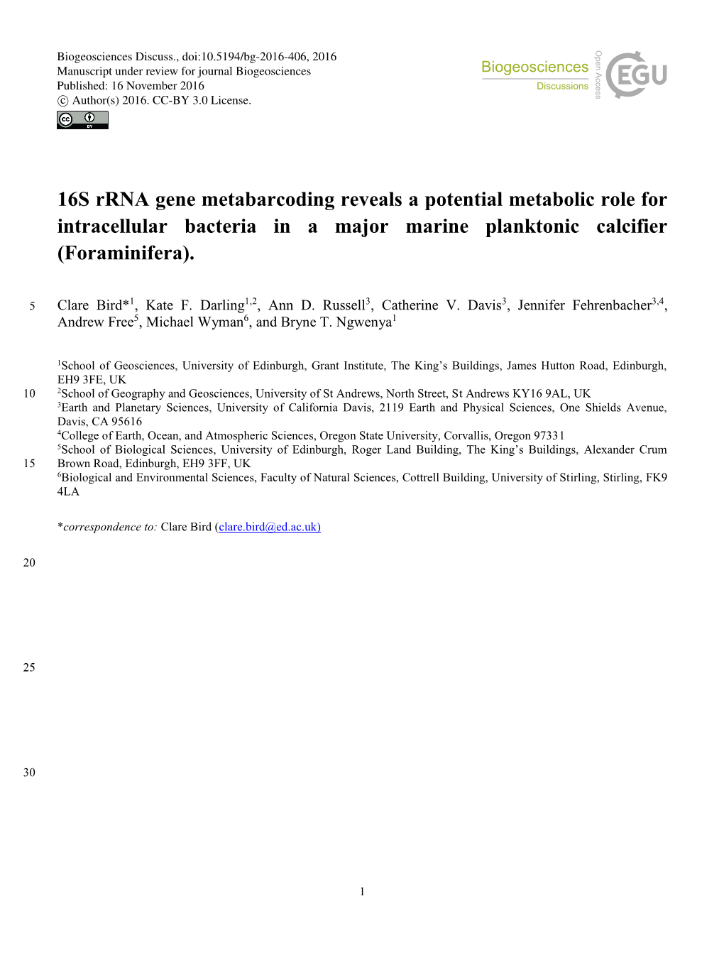 16S Rrna Gene Metabarcoding Reveals a Potential Metabolic Role for Intracellular Bacteria in a Major Marine Planktonic Calcifier (Foraminifera)