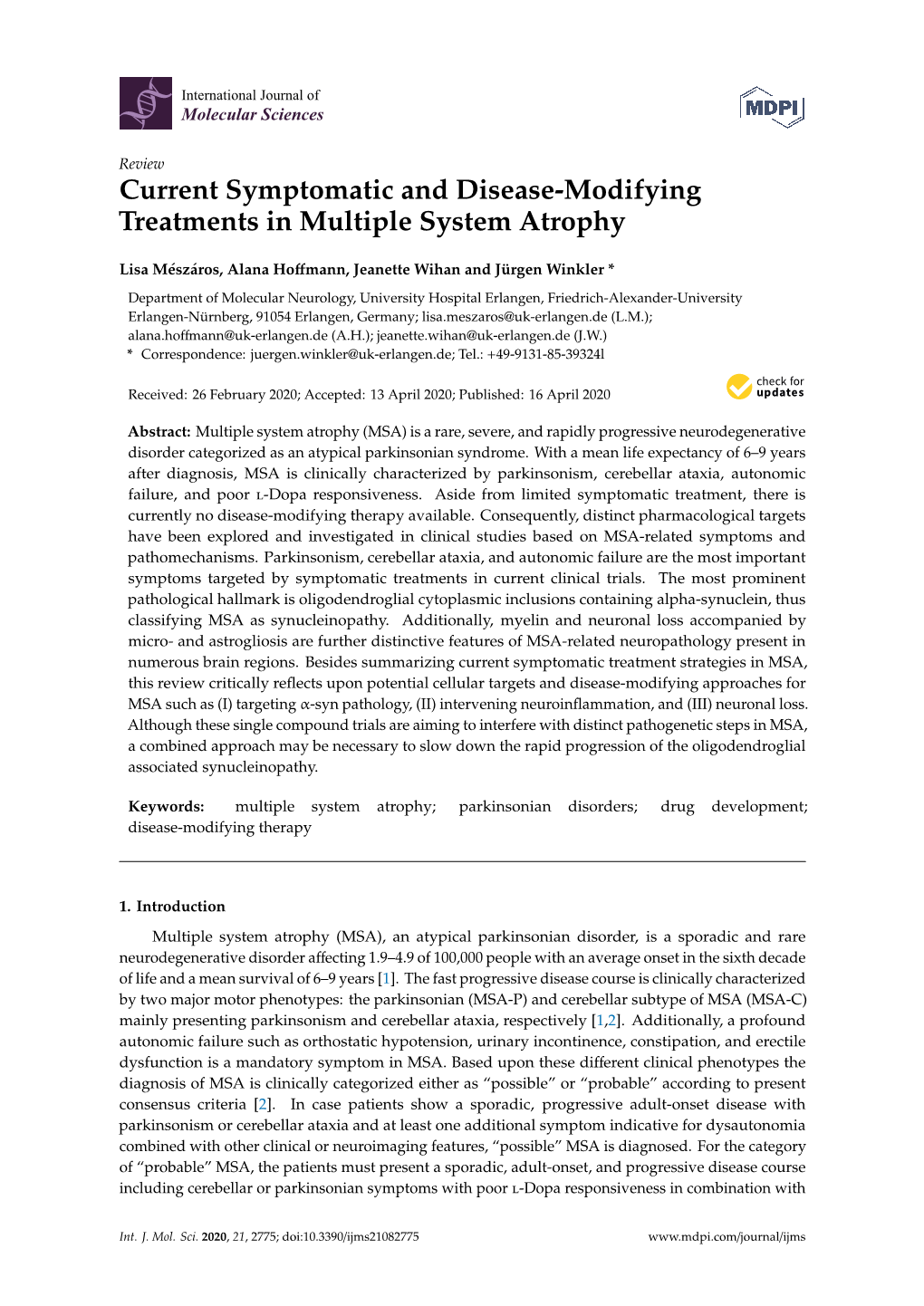 Current Symptomatic and Disease-Modifying Treatments in Multiple System Atrophy