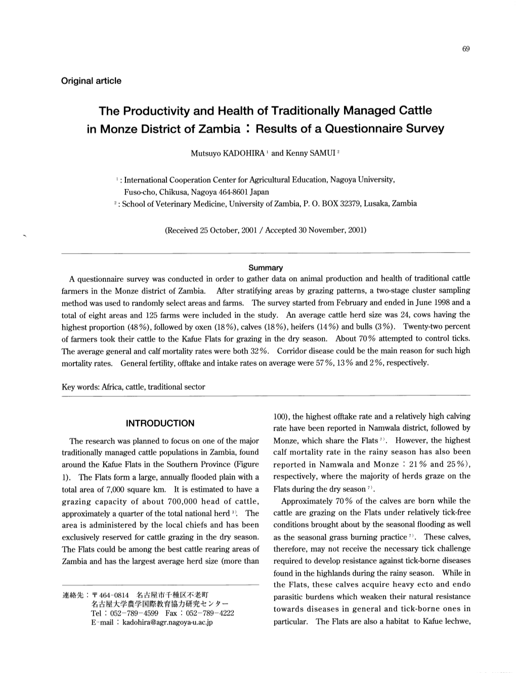 The Productivity and Health of Traditionally Managed Cattle in Monze District of Zambia: Results of a Questionnaire Survey