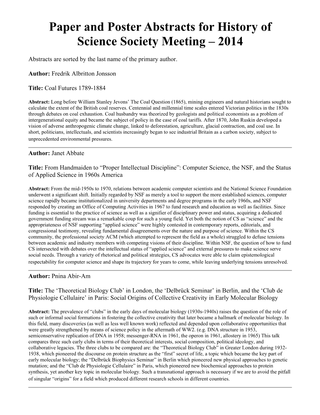 Paper and Poster Abstracts for History of Science Society Meeting – 2014