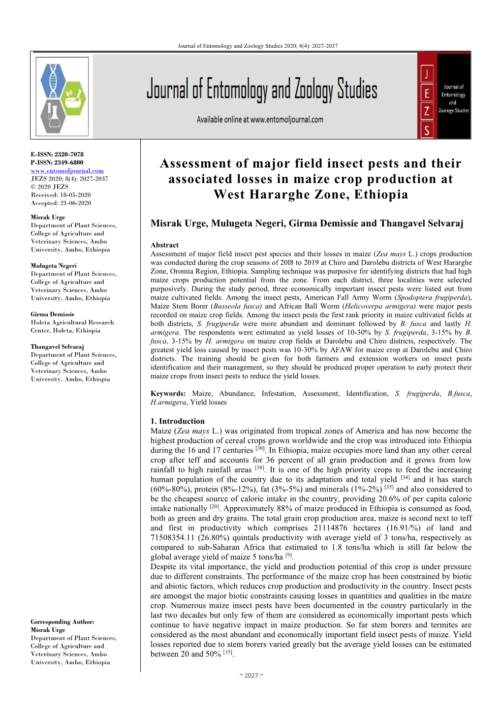 Assessment of Major Field Insect Pests and Their Associated Losses In