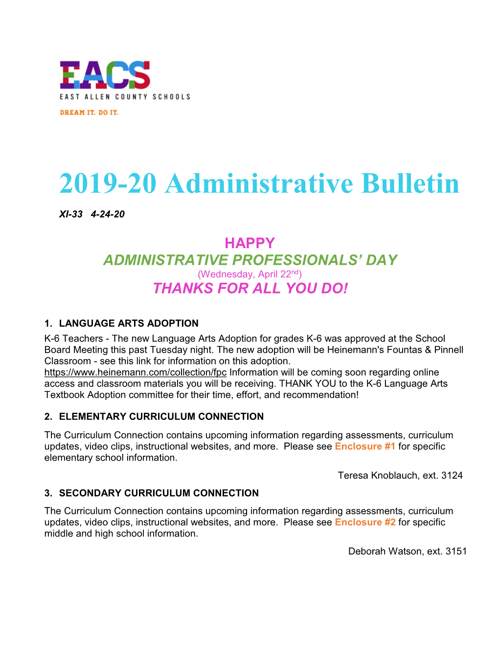 2019-20 Administrative Bulletin XI-33 4-24-20