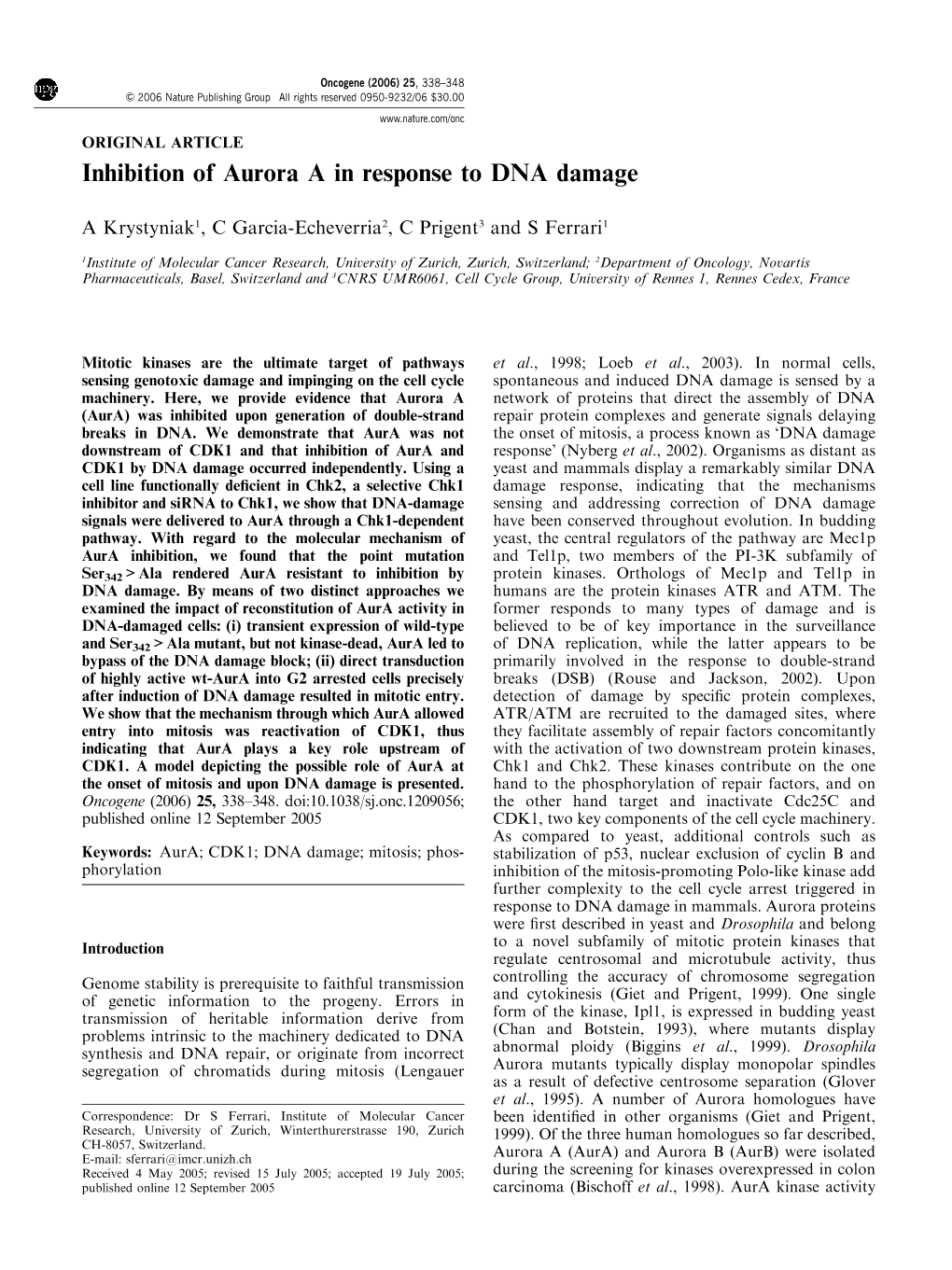 Inhibition of Aurora a in Response to DNA Damage