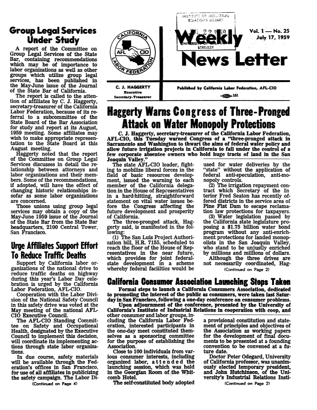 News Letter Labor Organiations As Well As Other Groups Which Utilize Group Legal Services, Has Been Published in the May-June Issue of the Journal C