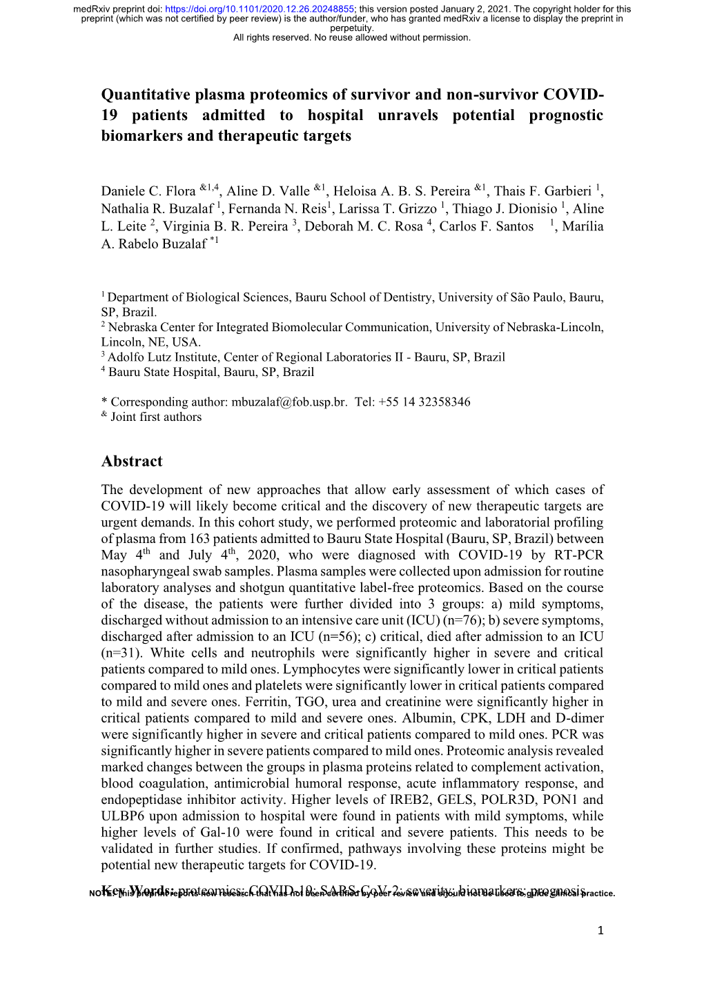 Quantitative Plasma Proteomics of Survivor and Non-Survivor COVID-19 Patients Admitted to Hospital Unravels Potential Prognostic