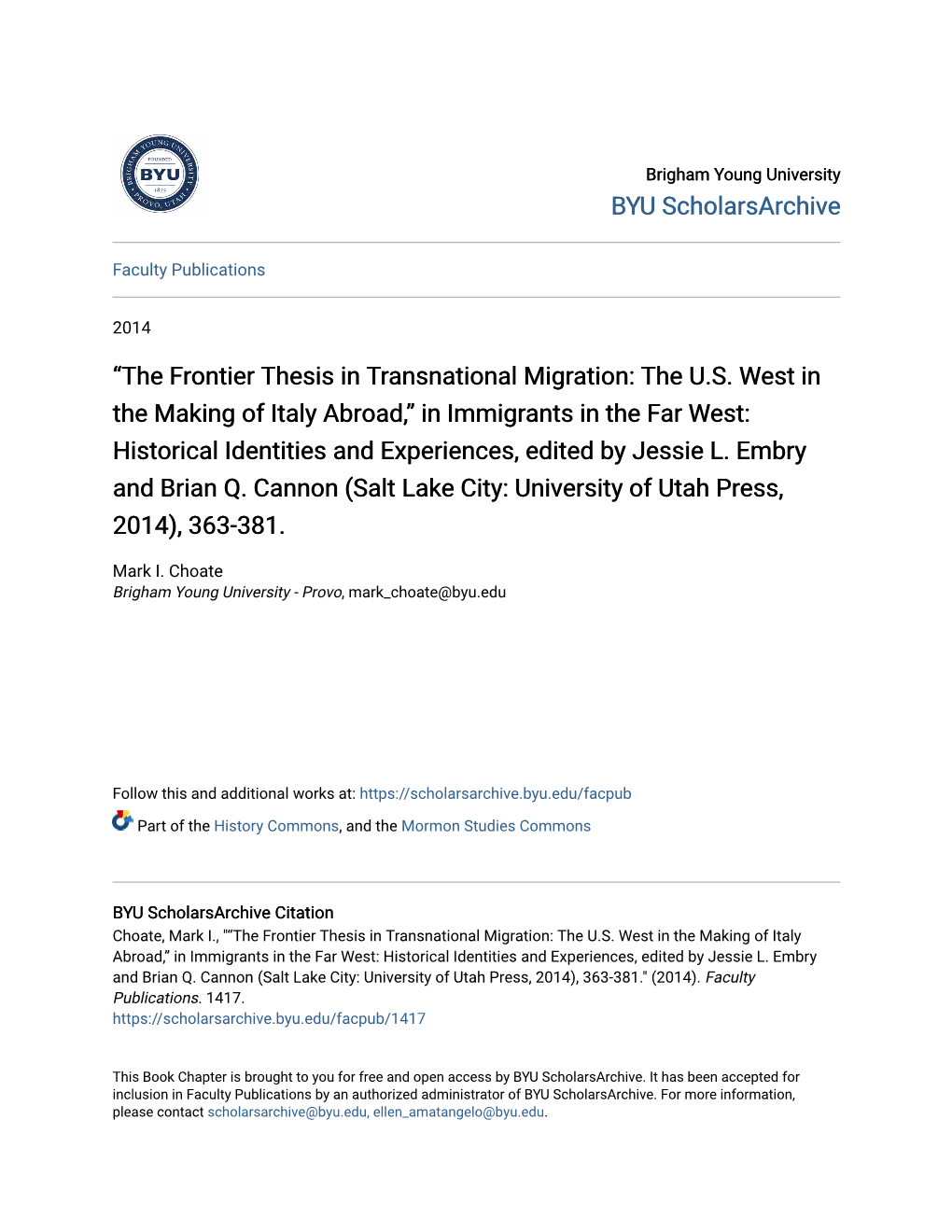 The Frontier Thesis in Transnational Migration: the U.S