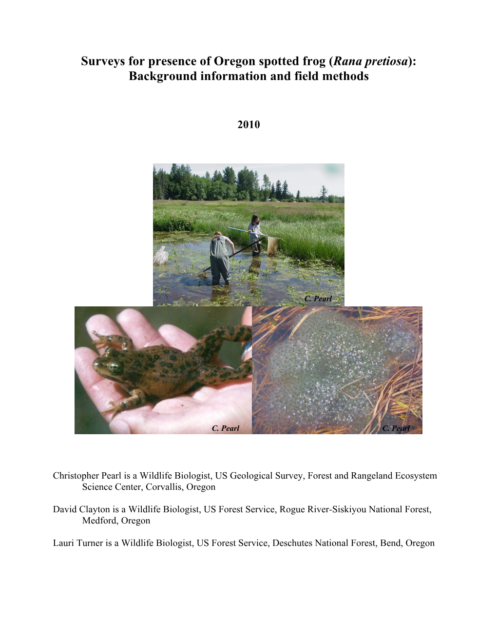 Surveys for Presence of Oregon Spotted Frog (Rana Pretiosa): Background Information and Field Methods