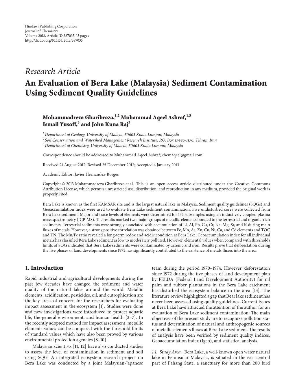 An Evaluation of Bera Lake (Malaysia) Sediment Contamination Using Sediment Quality Guidelines