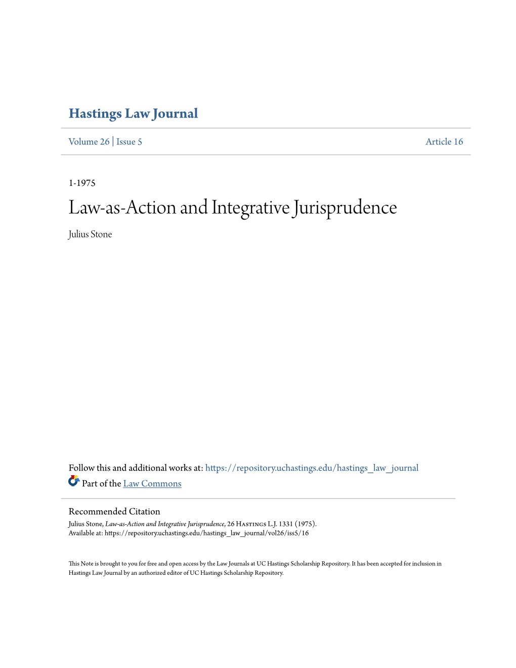 Law-As-Action and Integrative Jurisprudence Julius Stone
