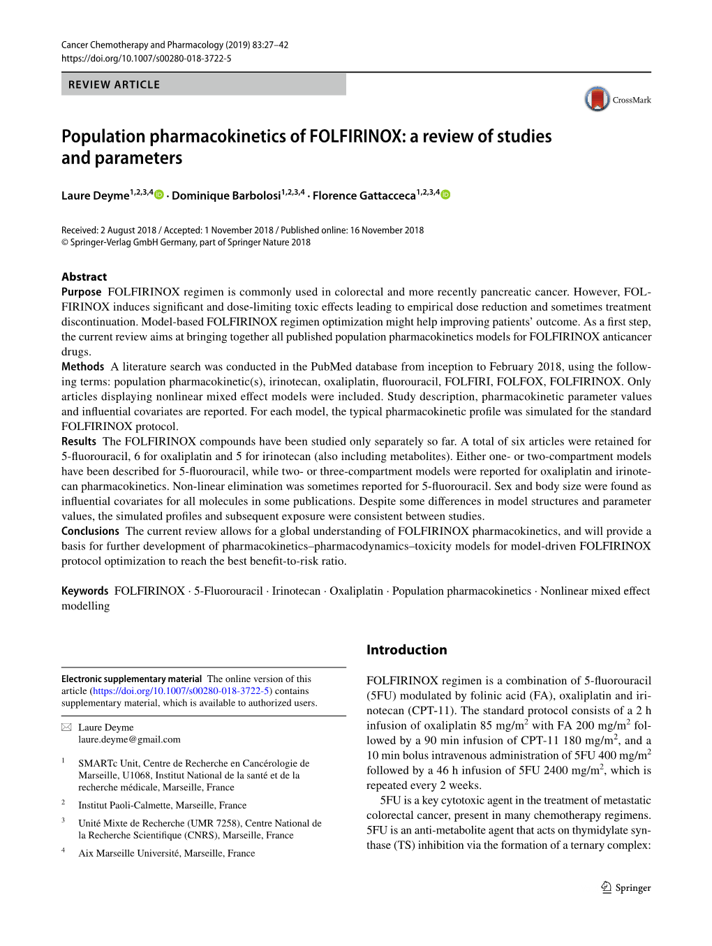 Population Pharmacokinetics of FOLFIRINOX: a Review of Studies and Parameters