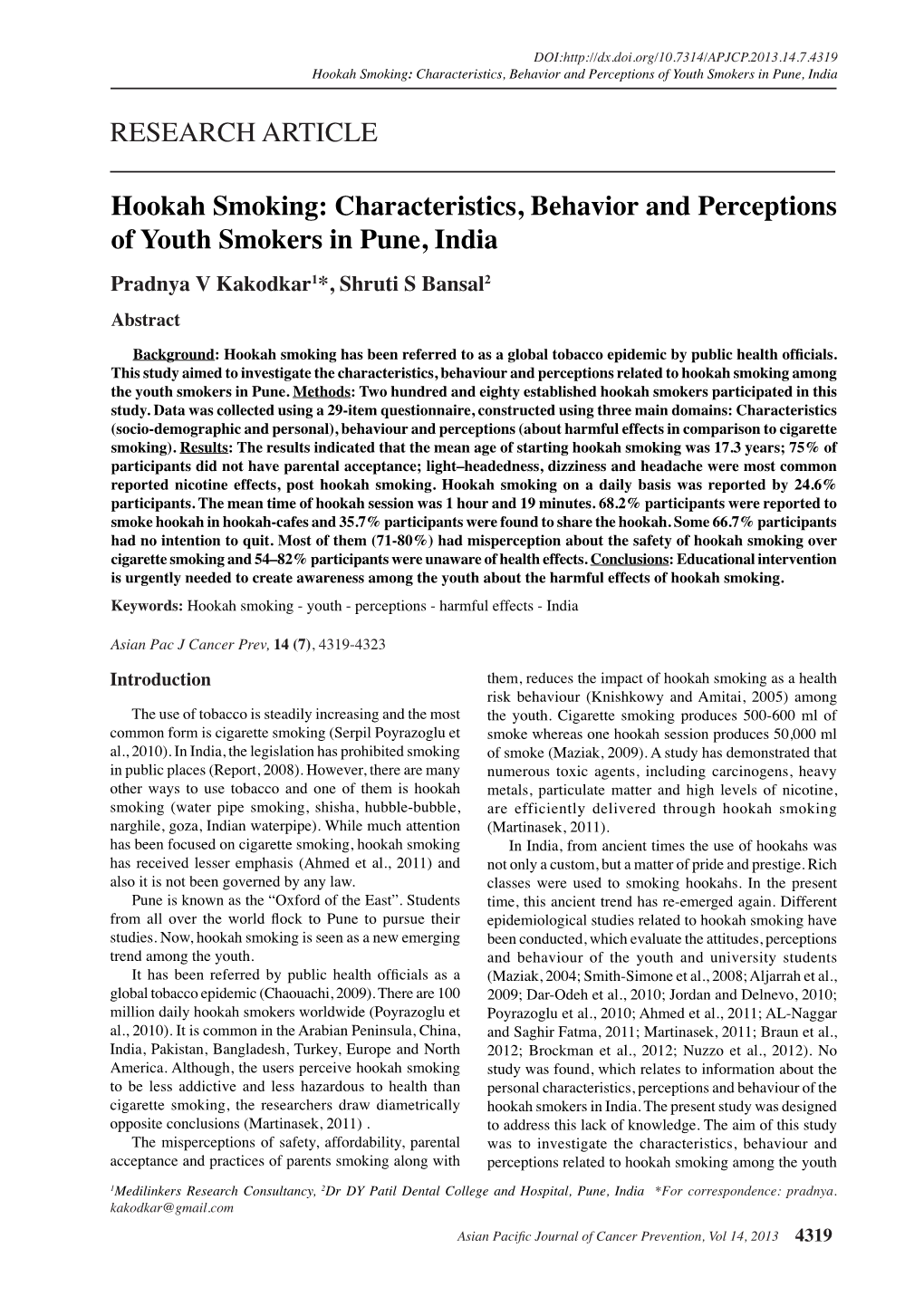 Hookah Smoking: Characteristics, Behavior and Perceptions of Youth Smokers in Pune, India