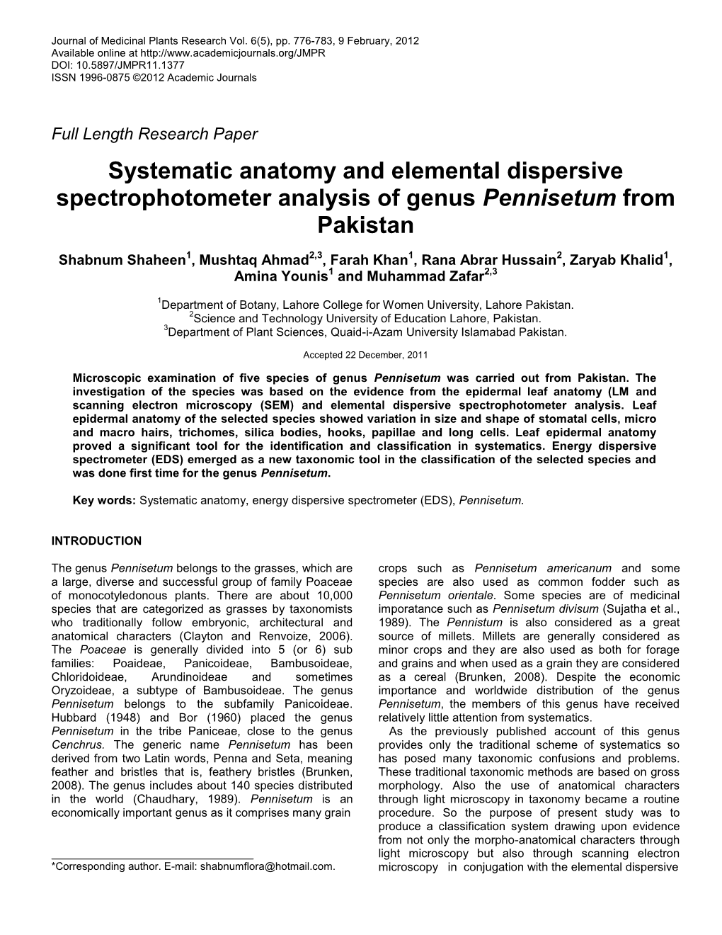 Systematic Anatomy and Elemental Dispersive Spectrophotometer Analysis of Genus Pennisetum from Pakistan