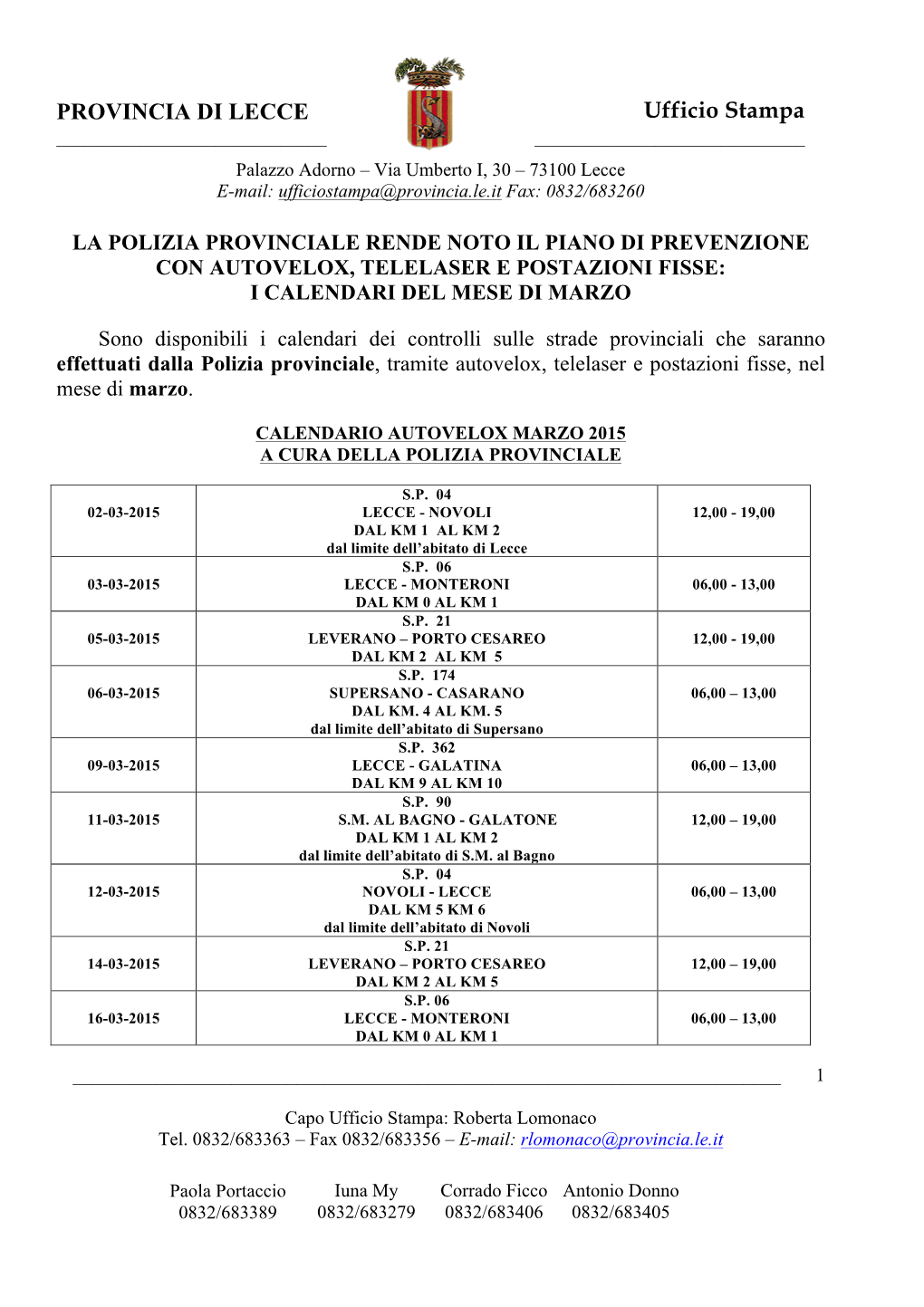 Calendario Autovelox Marzo 2015 a Cura Della Polizia Provinciale