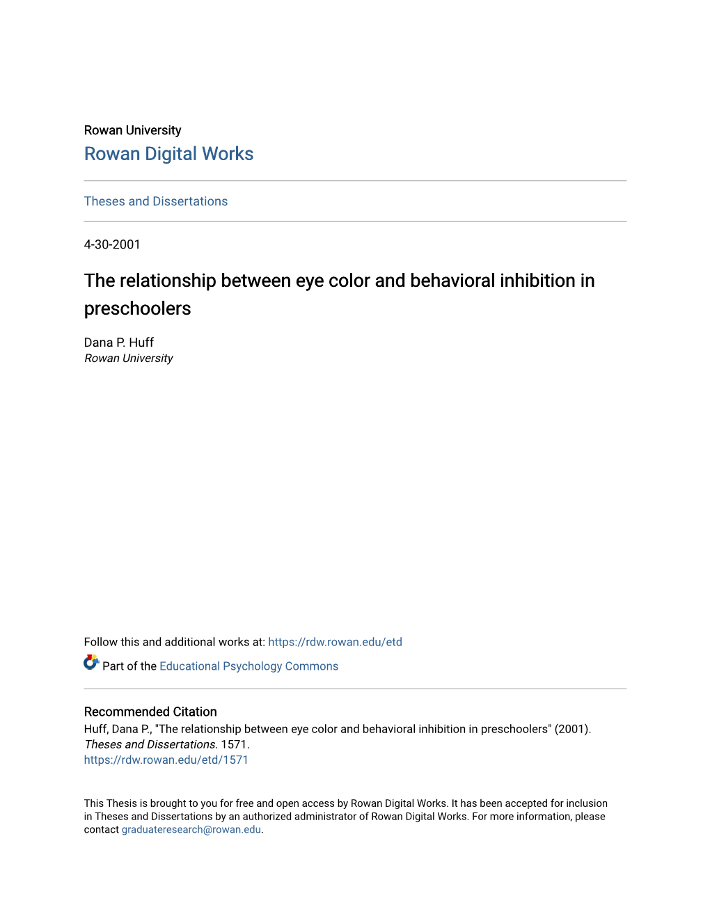 The Relationship Between Eye Color and Behavioral Inhibition in Preschoolers