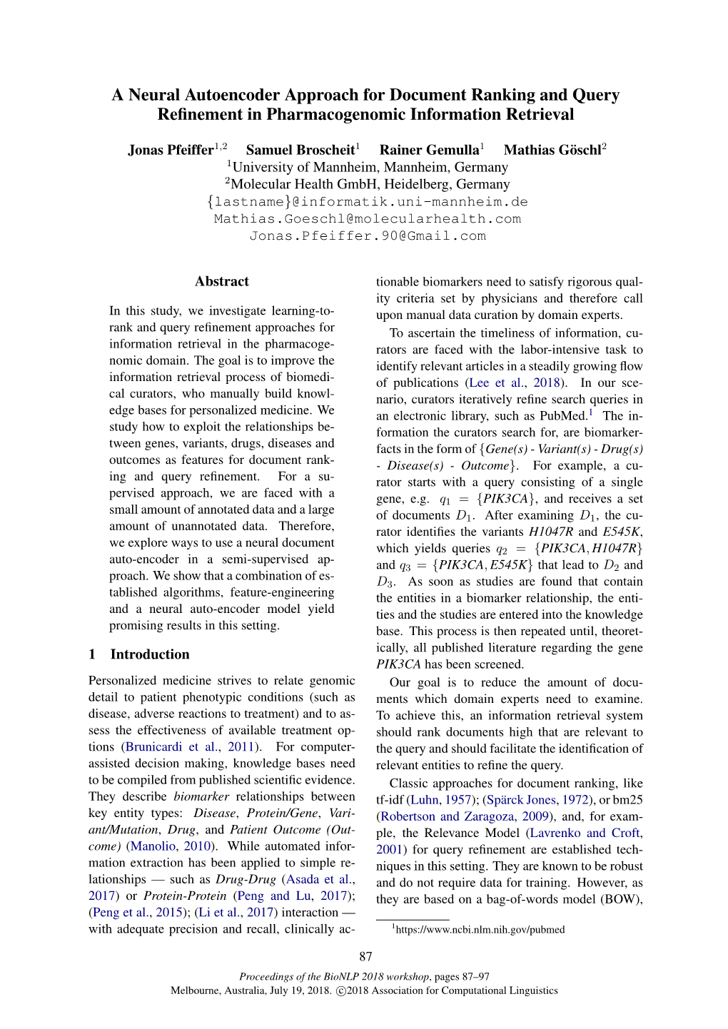 A Neural Autoencoder Approach for Document Ranking and Query Reﬁnement in Pharmacogenomic Information Retrieval