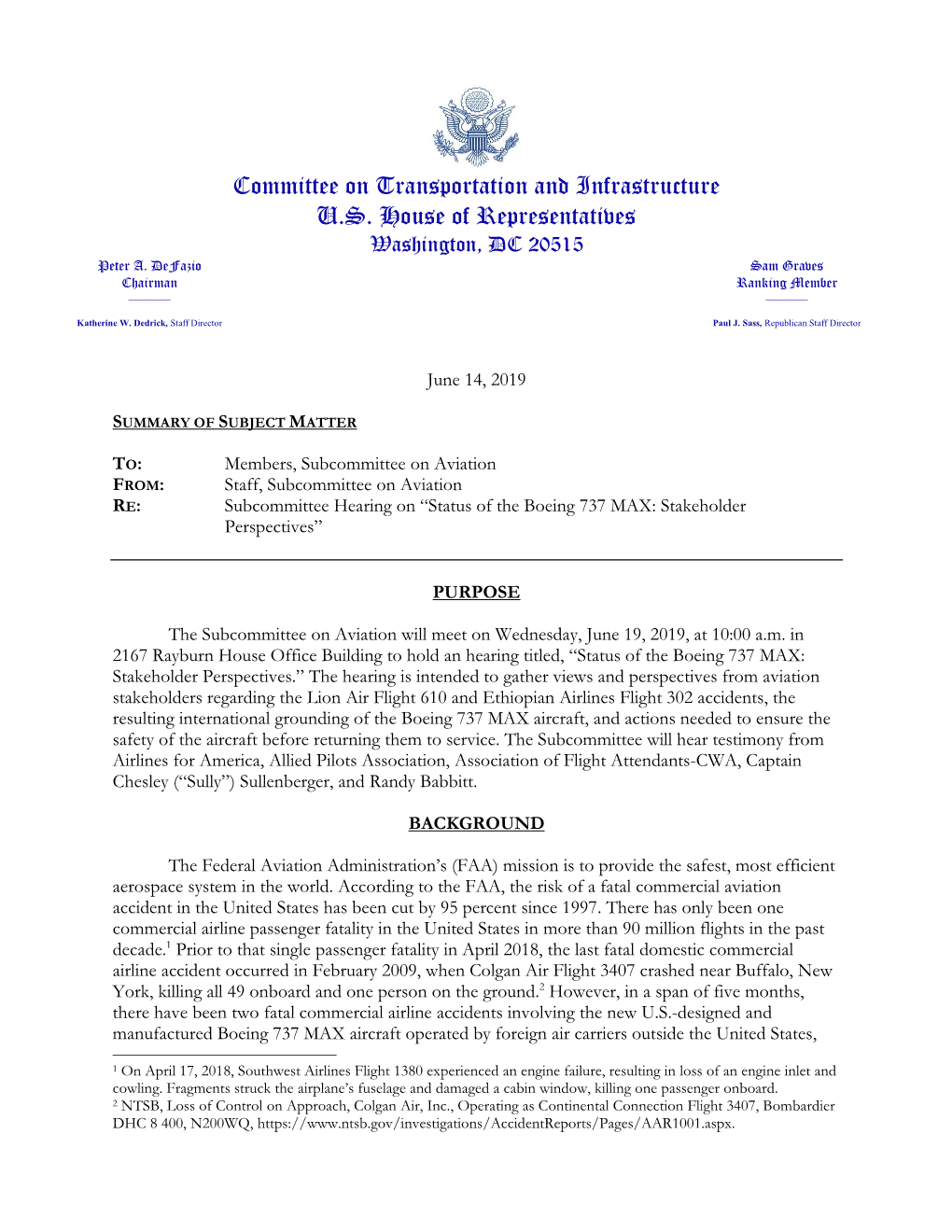 Committee on Transportation and Infrastructure U.S. House of Representatives Washington, DC 20515 Peter A