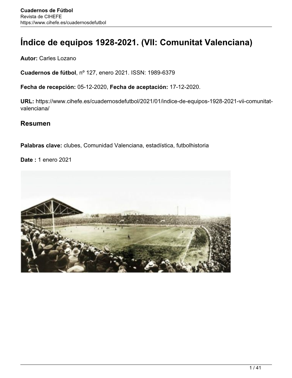 Índice De Equipos 1928-2021. (VII: Comunitat Valenciana)