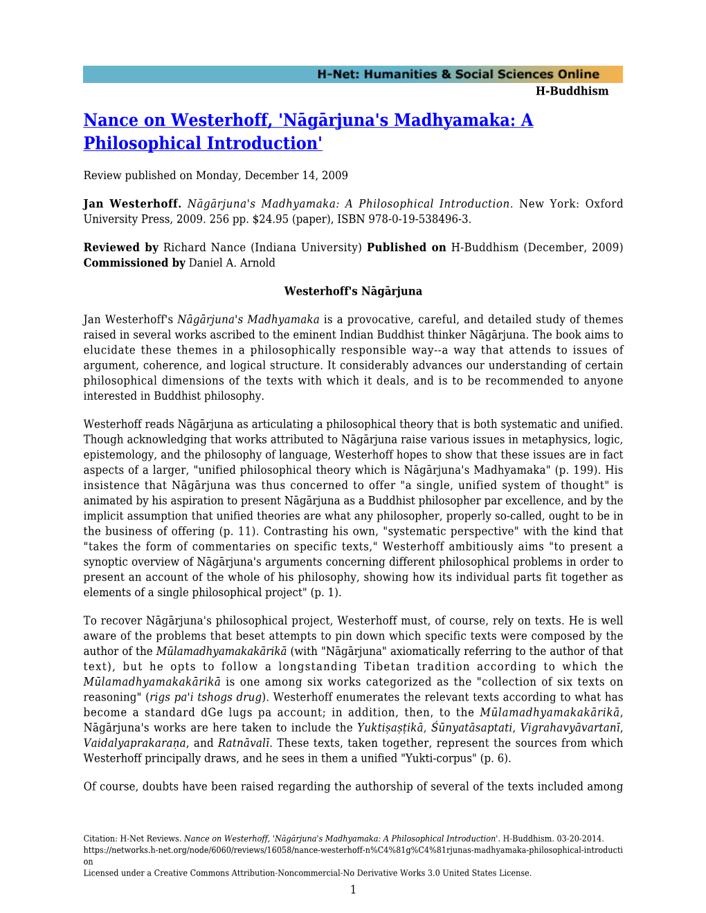 Nance on Westerhoff, 'Nāgārjuna's Madhyamaka: a Philosophical Introduction'