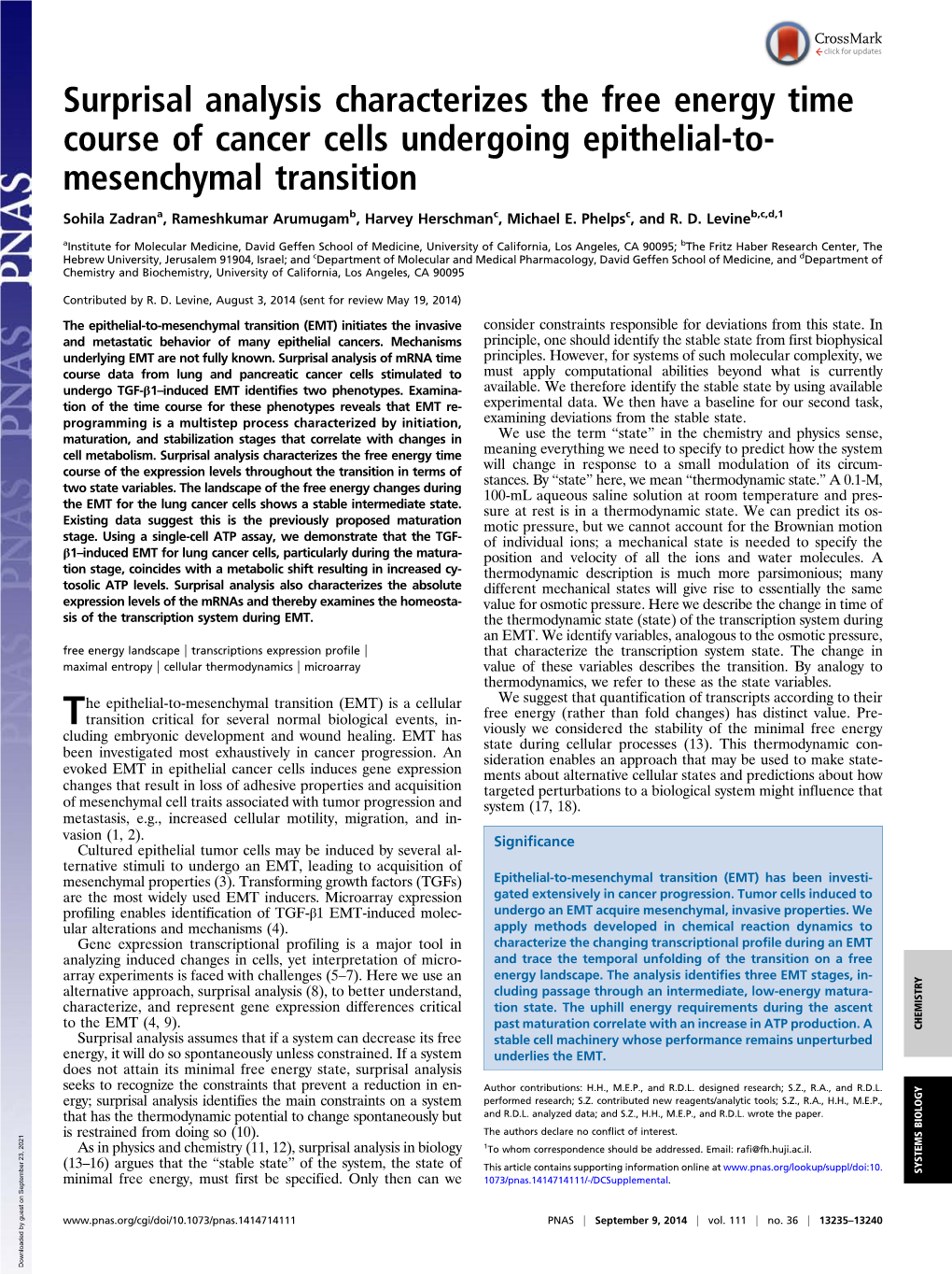 Surprisal Analysis Characterizes the Free Energy Time Course of Cancer Cells Undergoing Epithelial-To- Mesenchymal Transition