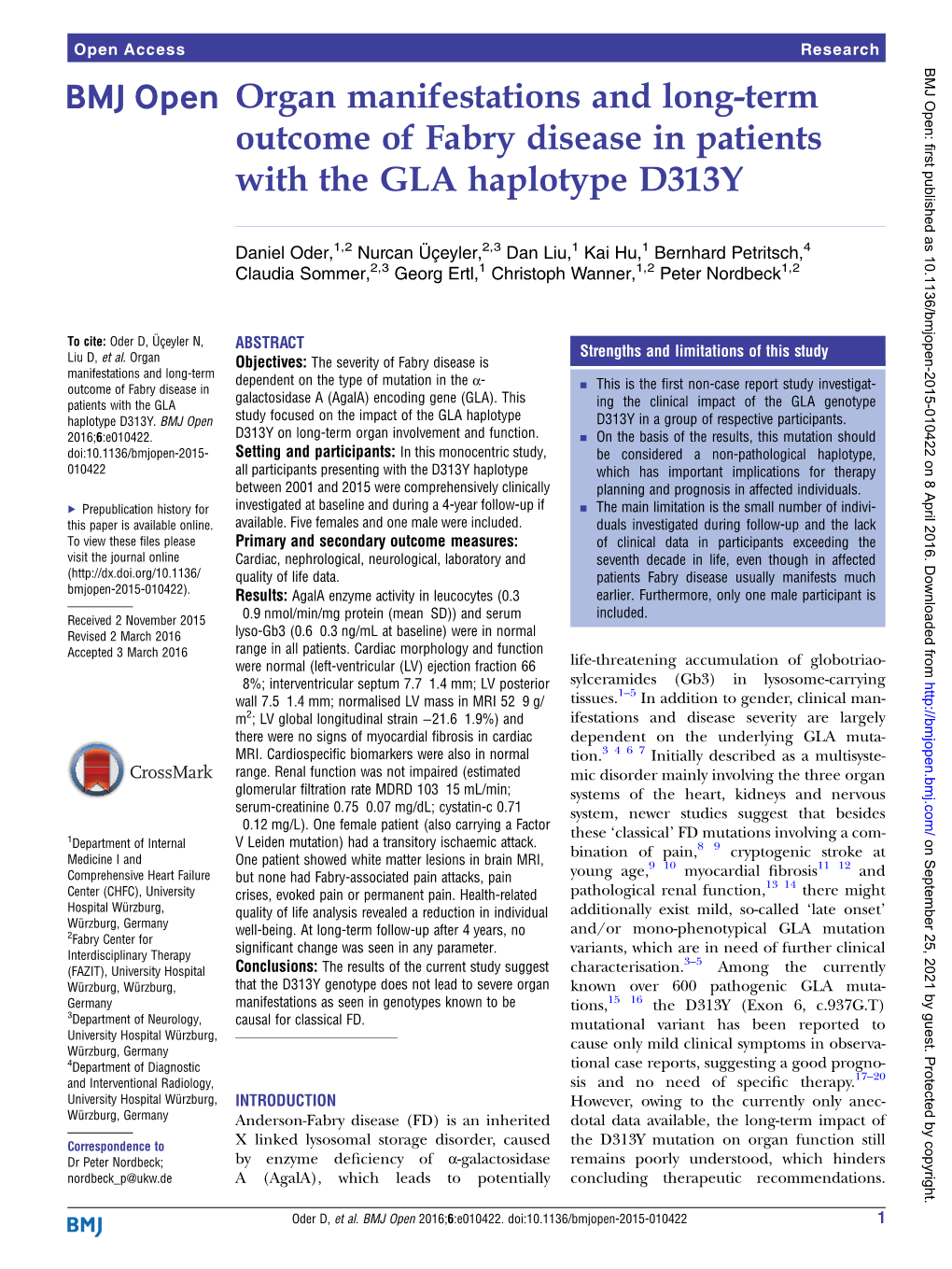 Organ Manifestations and Long-Term Outcome of Fabry Disease in Patients with the GLA Haplotype D313Y