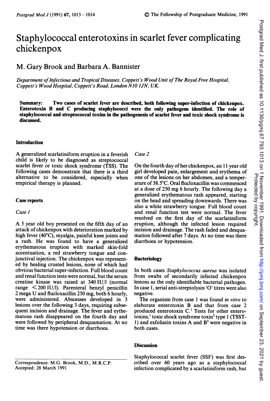 Staphylococcal Enterotoxins in Scarlet Fever Complicating Chickenpox M