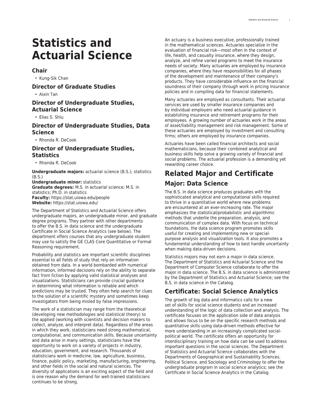 Statistics and Actuarial Science 1