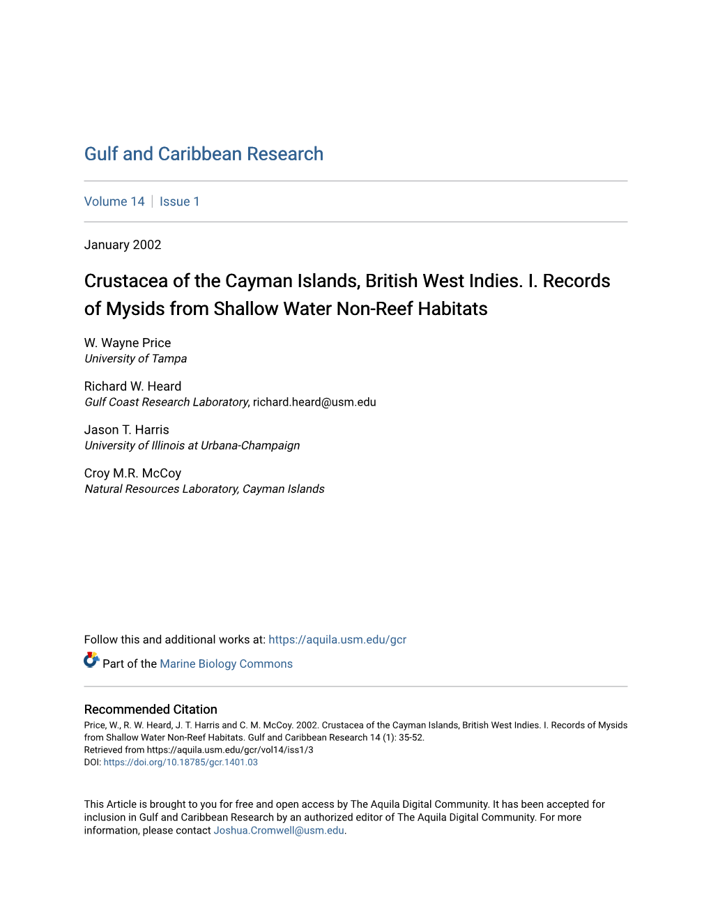 Crustacea of the Cayman Islands, British West Indies. I. Records of Mysids from Shallow Water Non-Reef Habitats