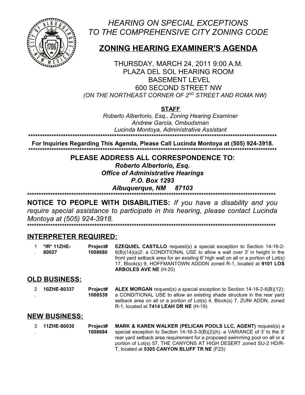 Zoning Hearing Examiner's Agenda s1