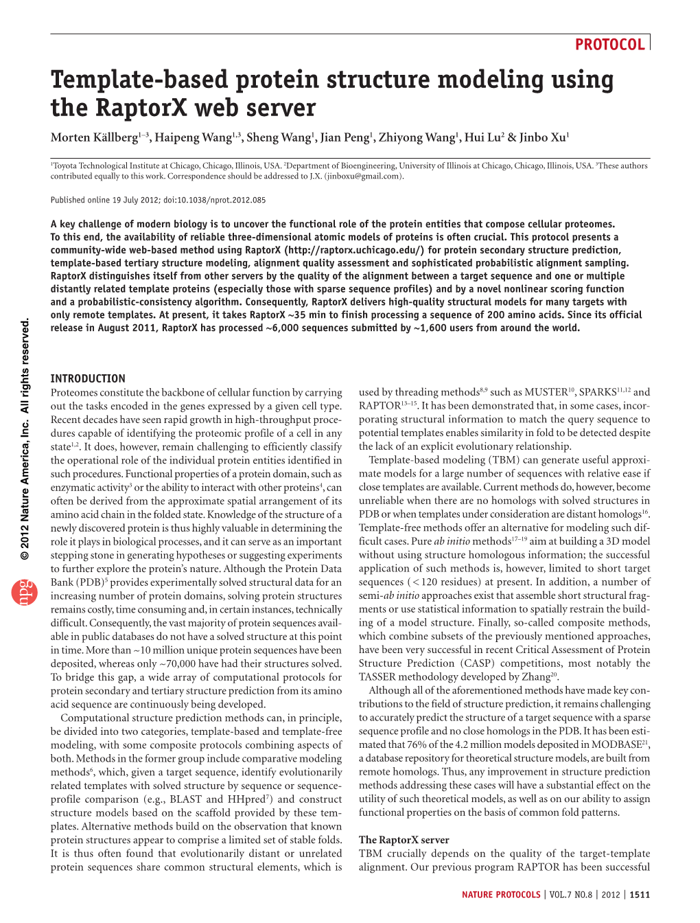 Template-Based Protein Modeling Using the Raptorx Web Server