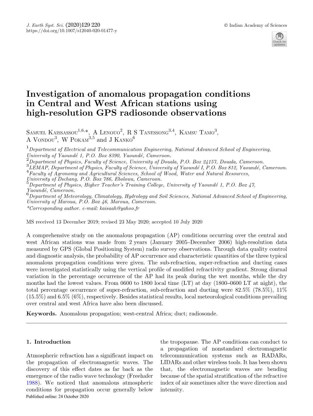 Investigation of Anomalous Propagation Conditions in Central and West African Stations Using High-Resolution GPS Radiosonde Observations