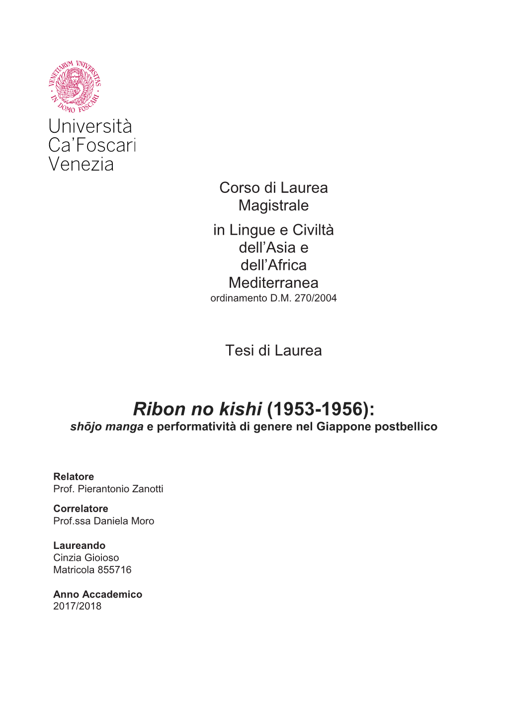 Ribon No Kishi (1953-1956): Shōjo Manga E Performatività Di Genere Nel Giappone Postbellico