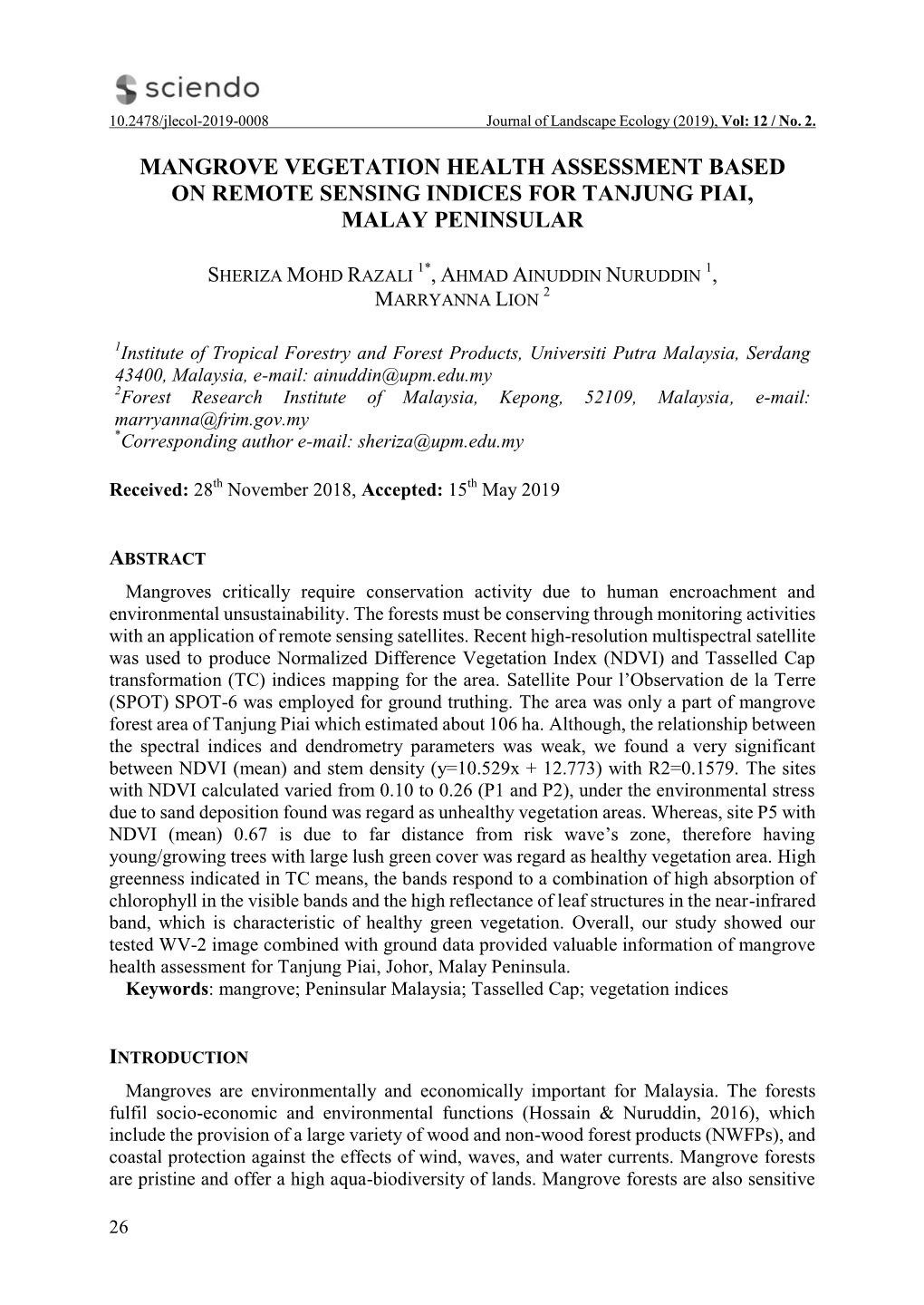 Mangrove Vegetation Health Assessment Based on Remote Sensing Indices for Tanjung Piai, Malay Peninsular