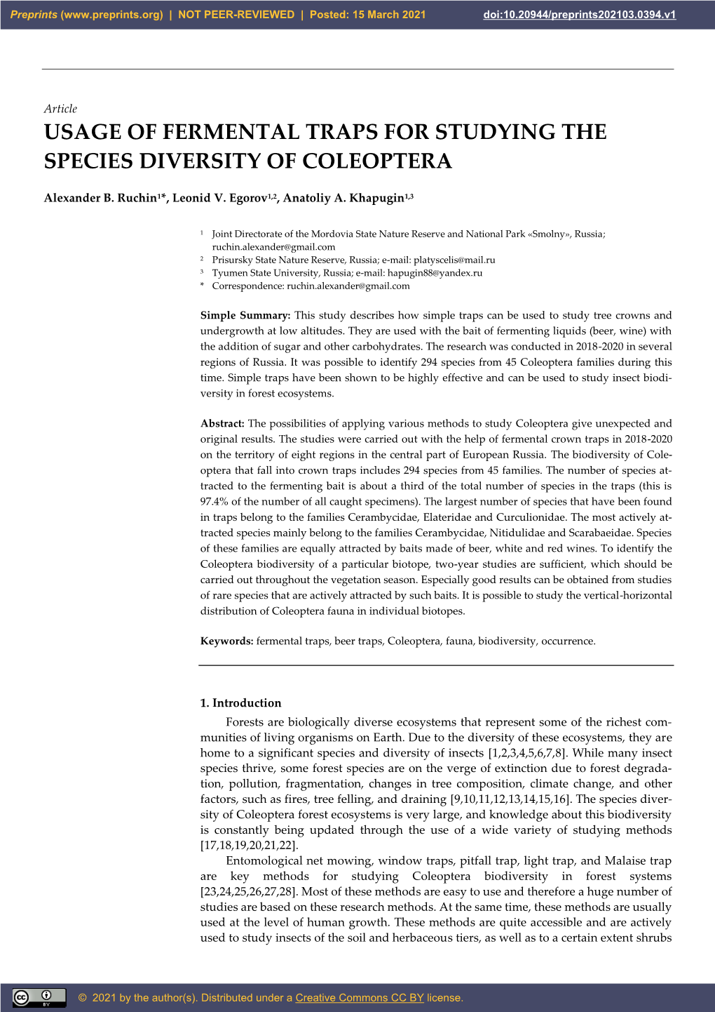 Usage of Fermental Traps for Studying the Species Diversity of Coleoptera