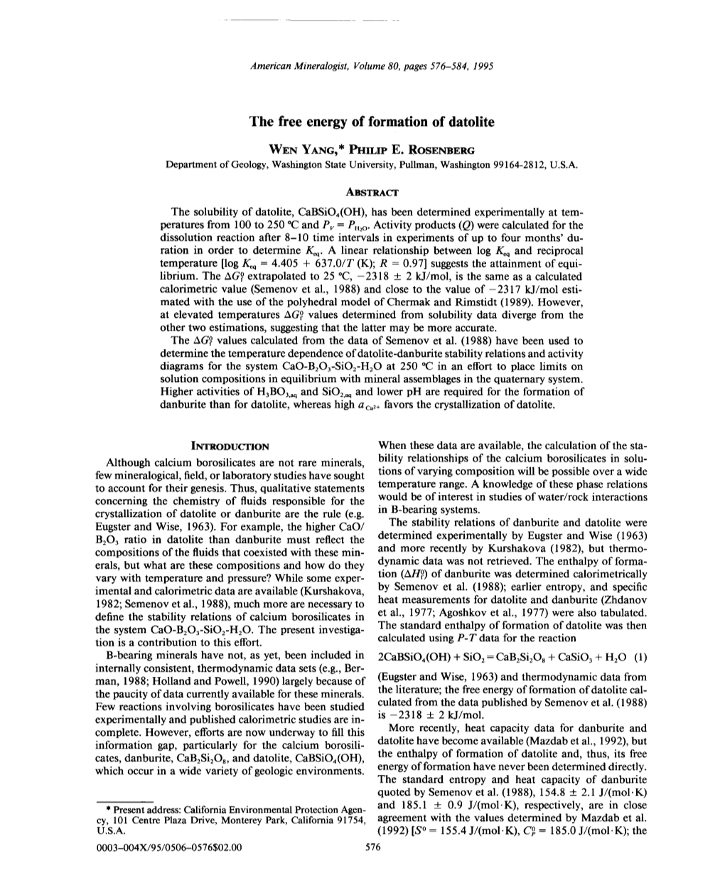 The Free Energy of Formation of Datolite