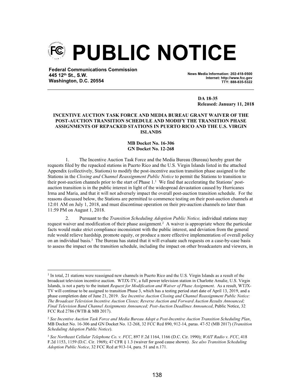 PUBLIC NOTICE Federal Communications Commission 445 12Th St., S.W