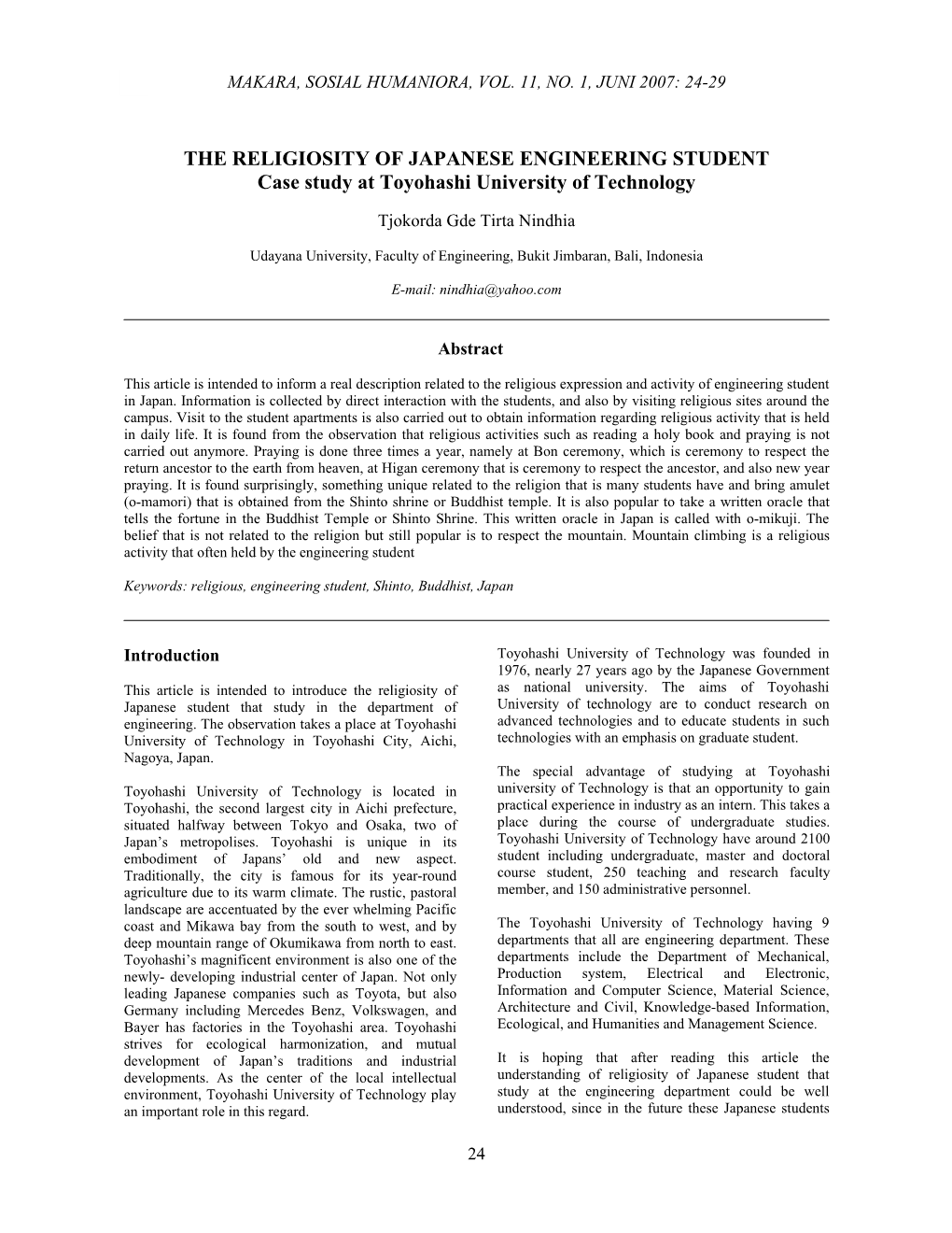 THE RELIGIOSITY of JAPANESE ENGINEERING STUDENT Case Study at Toyohashi University of Technology