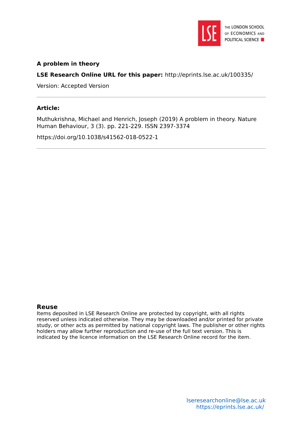 A Problem in Theory LSE Research Online URL for This Paper: Version: Accepted Version