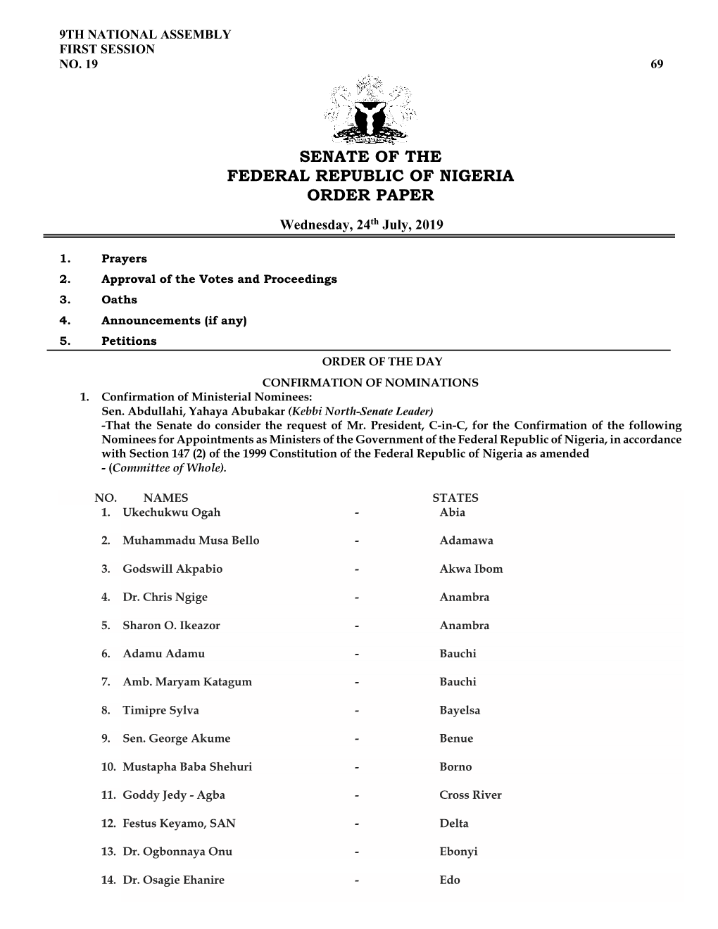 Senate of the Federal Republic of Nigeria Order Paper