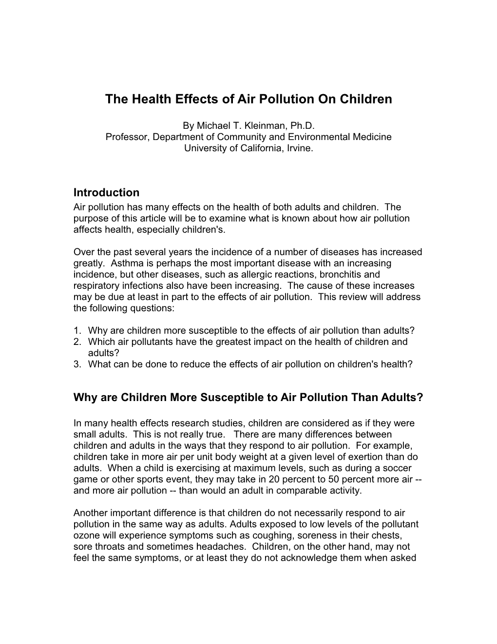 The Health Effects Of Air Pollution On Children