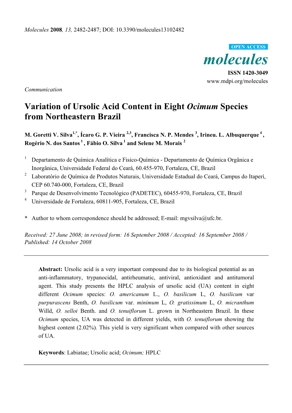 Variation of Ursolic Acid Content in Eight Ocimum Species from Northeastern Brazil