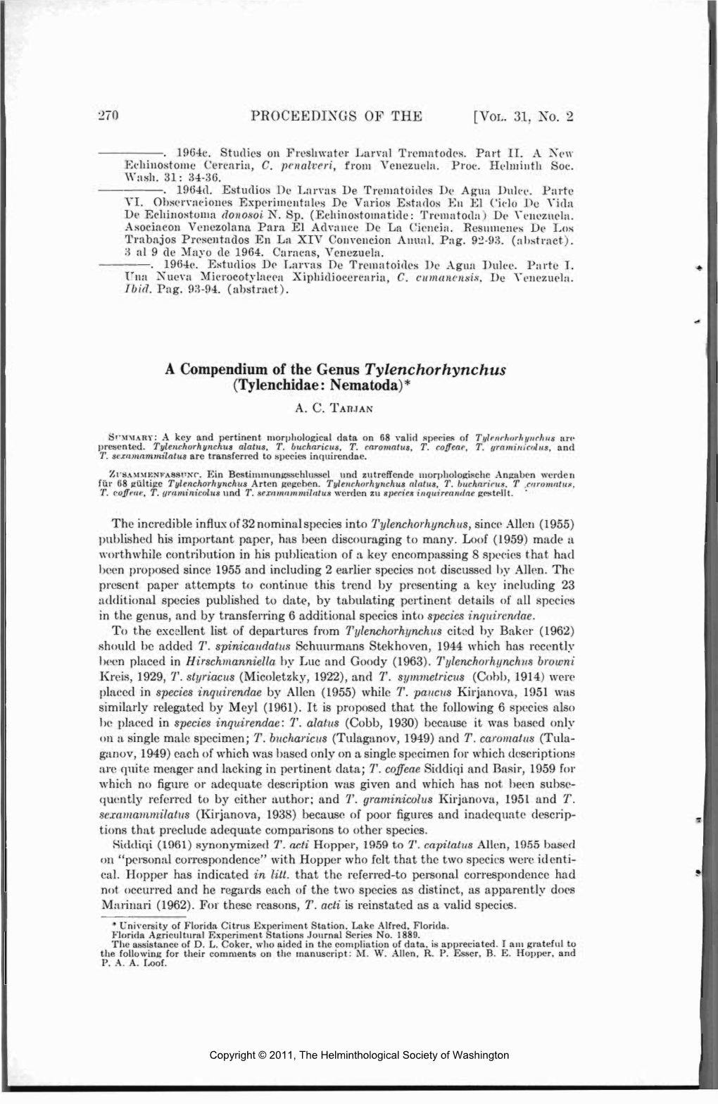 A Compendium of the Genus Tylenchorhynchus (Tylenchidae: Nematoda) * A