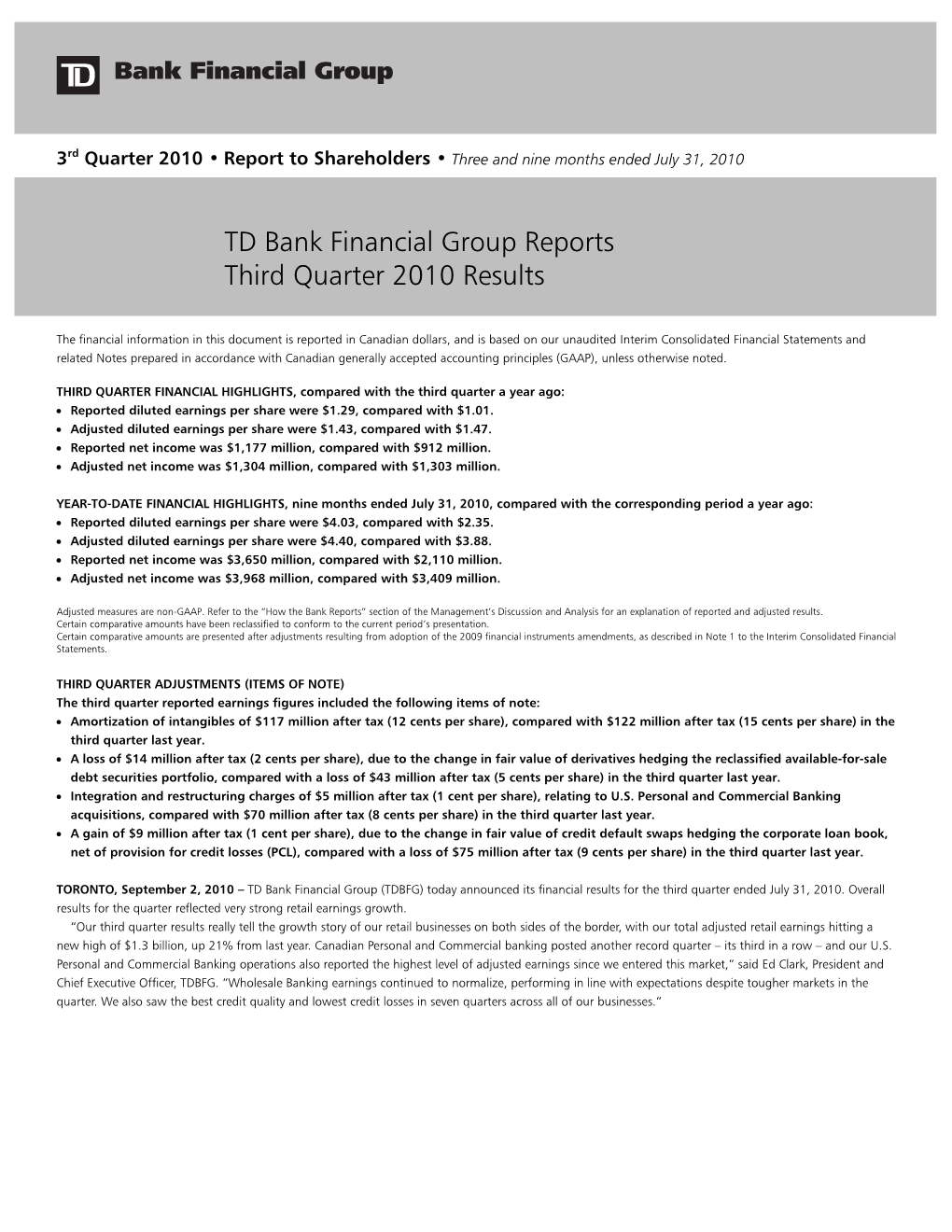 TD Bank Financial Group Reports Third Quarter 2010 Results