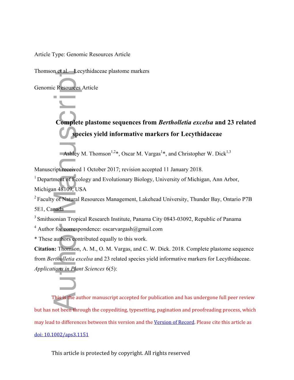 Complete Plastome Sequences from Bertholletia Excelsa and 23 Related Species Yield Informative Markers for Lecythidaceae