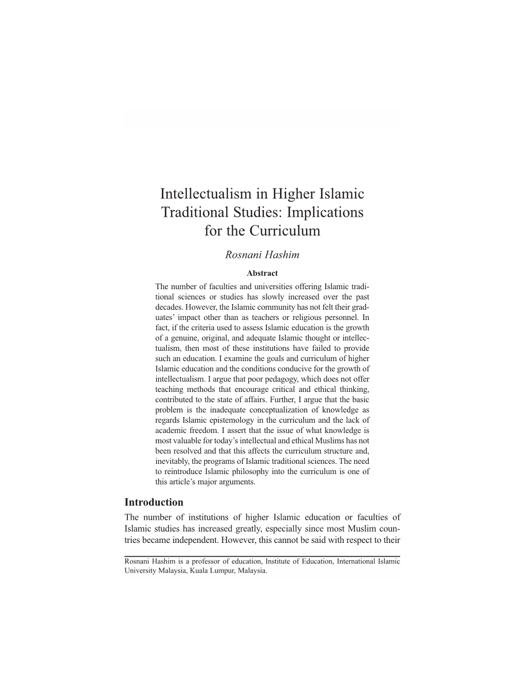 Intellectualism in Higher Islamic Traditional Studies