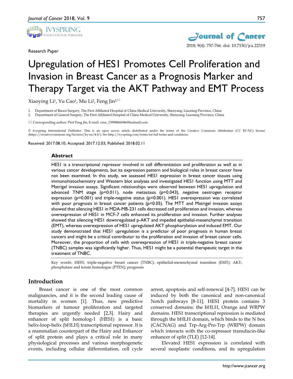 Upregulation of HES1 Promotes Cell Proliferation and Invasion in Breast