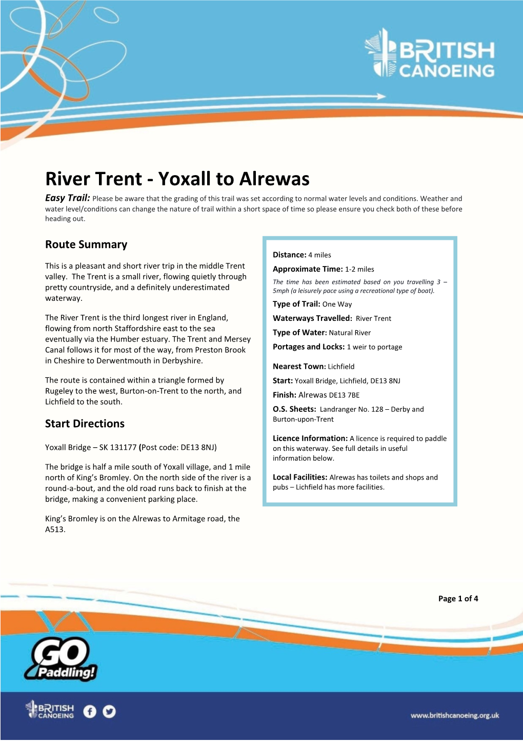 River Trent - Yoxall to Alrewas Easy Trail: Please Be Aware That the Grading of This Trail Was Set According to Normal Water Levels and Conditions