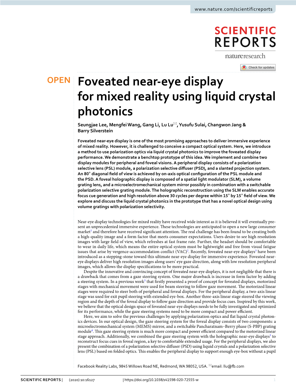 Foveated Near-Eye Display for Mixed Reality Using Liquid Crystal Photonics